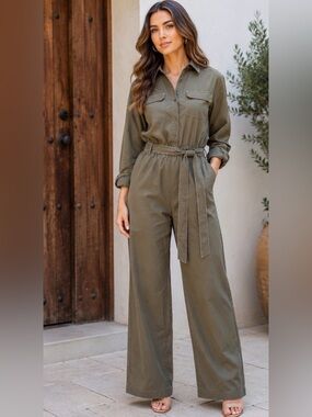 LONG SLEEVE WIDE HEM JUMPSUIT - OLIVE GREEN SIZE S